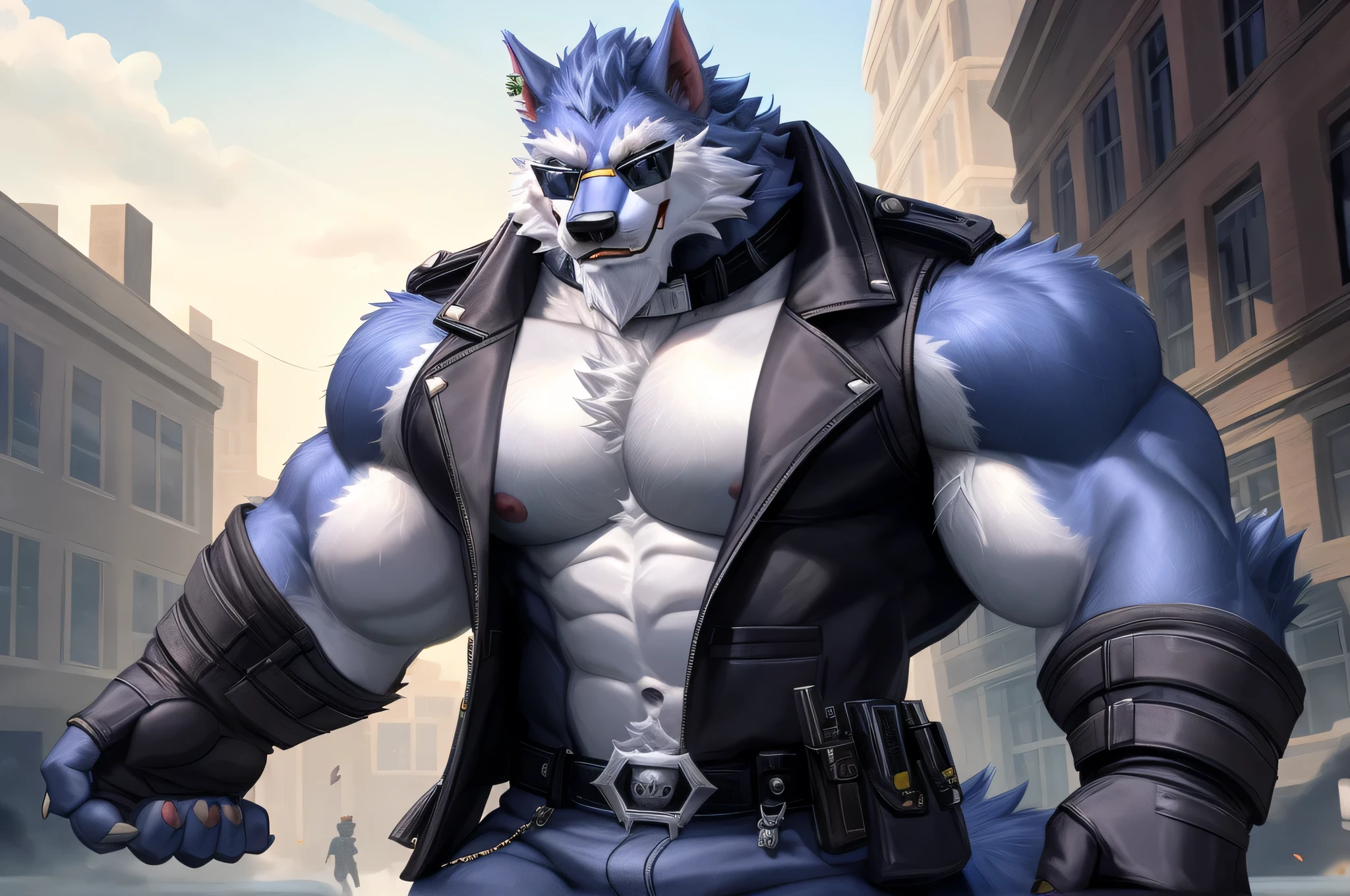 Freddy(Dislyte),werewolf,male,adult,alone,4K,best quality,looking at the audience,,walk,hairy body,furry tail,Busty upper body,chest muscles,Six-pack abs,biceps,anatomically correct,Delicate fur,pride,soft shadow,majestic, blue fur ,High quality eyes,Green eyes,black pupils,Sharp eyes,Grandiose,Valiantary,Black collar,Wearing sunglasses,Black leather vest,blue jeans,black belt,Black combat boots,Strong, school, study, books, biblioteca