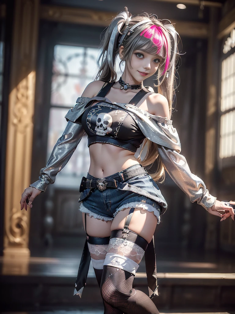 (Full body image:1.3)、(Beautiful lips and nose:1.4)、(Side view:1.1)、(Smiling with teeth showing:1.3),(Fashion Model:1.5)、(Gothic ta battle uniform with delicate decoration:1.5)、(White off-shoulder hoodie:1.5)、(black, Silver and white shorts:1.4)、(denim garter belt:1.5)、(black and denim knee socks:1.3)、(Skull Silver Accessories:1.5)、(Lace Color:1.3)、(Brown Skin Belt:1.4)、(Brown boots:1.2)、(Polka dots on underwear:1.4)、23 years old、((Highest quality、In 8K、masterpiece:1.3))、Sharp focus:1.2、(Layered Cut、Huge boobs:1.1),Beautiful woman with perfect figure:1.4、(Dance vigorously:1.3)、Slim Abs:1.2、Highly detailed face and skin texture、Fine grain、double eyelid,(Twin tails:1.3)、(Brownish golden hair:1.3)、Idol Sculpture、(The background is a gorgeous dance hall.:1.3)、(The body is slim:1.2),(Slimming your legs:1.4),(clavicle:1.1)