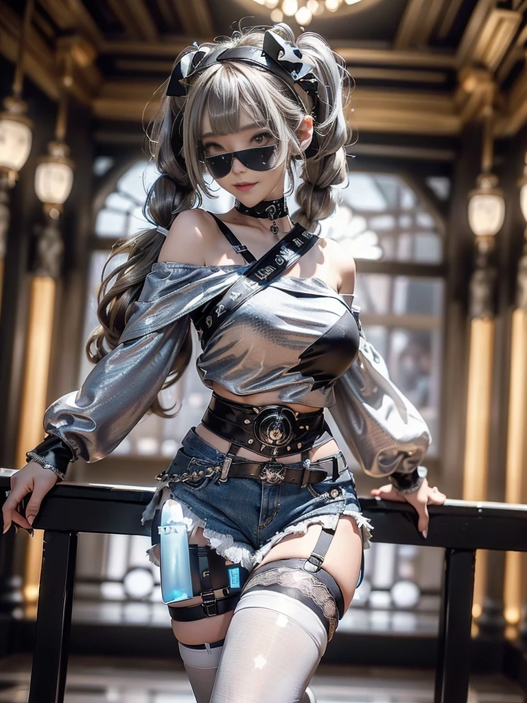 (Full body image:1.3)、(Beautiful lips and nose:1.4)、(Side view:1.1)、(Smiling with teeth showing:1.3),(Fashion Model:1.5)、(Gothic ta battle uniform with delicate decoration:1.5)、(White off-shoulder hoodie:1.5)、(black, Silver and white shorts:1.4)、(denim garter belt:1.5)、(black and denim knee socks:1.3)、(Skull Silver Accessories:1.5)、(Lace Color:1.3)、(Brown Skin Belt:1.4)、(Brown boots:1.2)、(Polka dots on underwear:1.4)、23 years old、((Highest quality、In 8K、masterpiece:1.3))、Sharp focus:1.2、(Layered Cut、Huge boobs:1.1),Beautiful woman with perfect figure:1.4、(Dance vigorously:1.3)、Slim Abs:1.2、Highly detailed face and skin texture、Fine grain、double eyelid,(Twin tails:1.3)、(Brownish golden hair:1.3)、Idol Sculpture、(The background is a gorgeous dance hall.:1.3)、(The body is slim:1.2),(Slimming your legs:1.4),(clavicle:1.1)