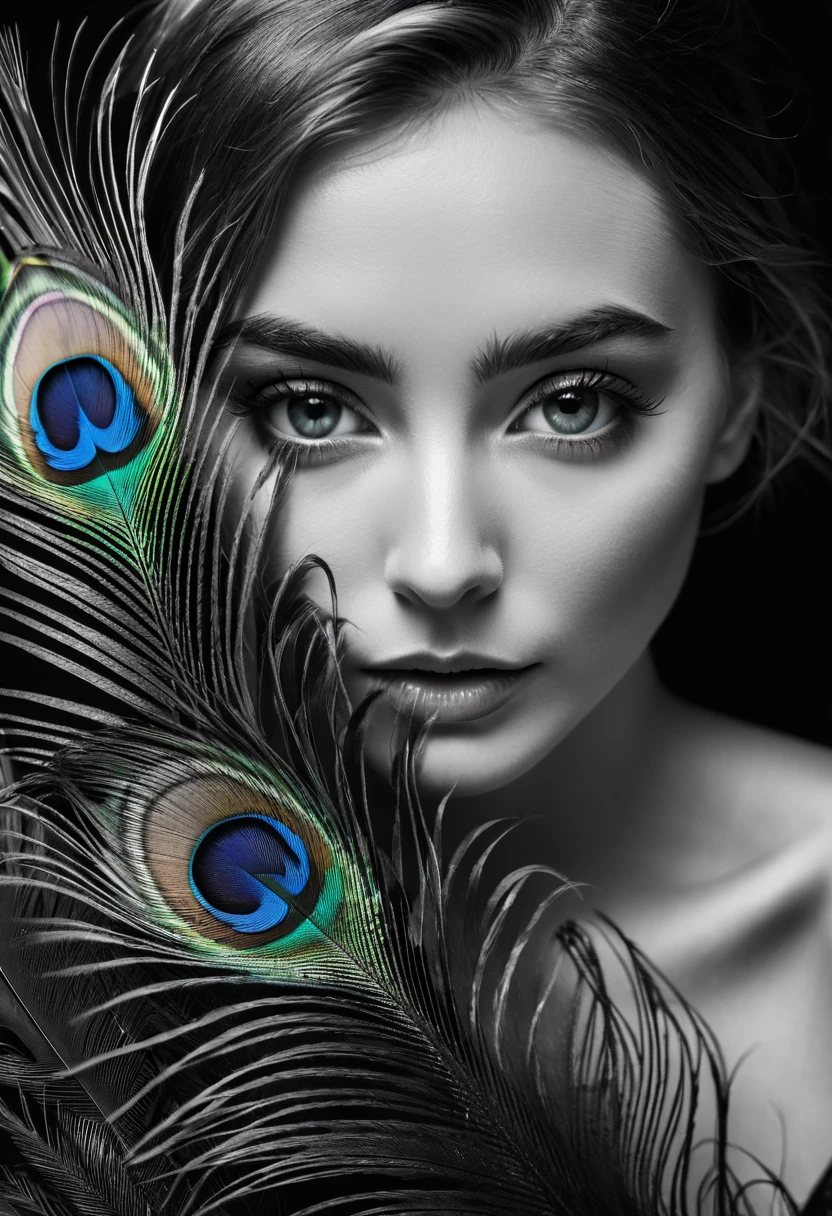 black and white, ultra clear raw photo of woman with a peacock feather, close up, dark background