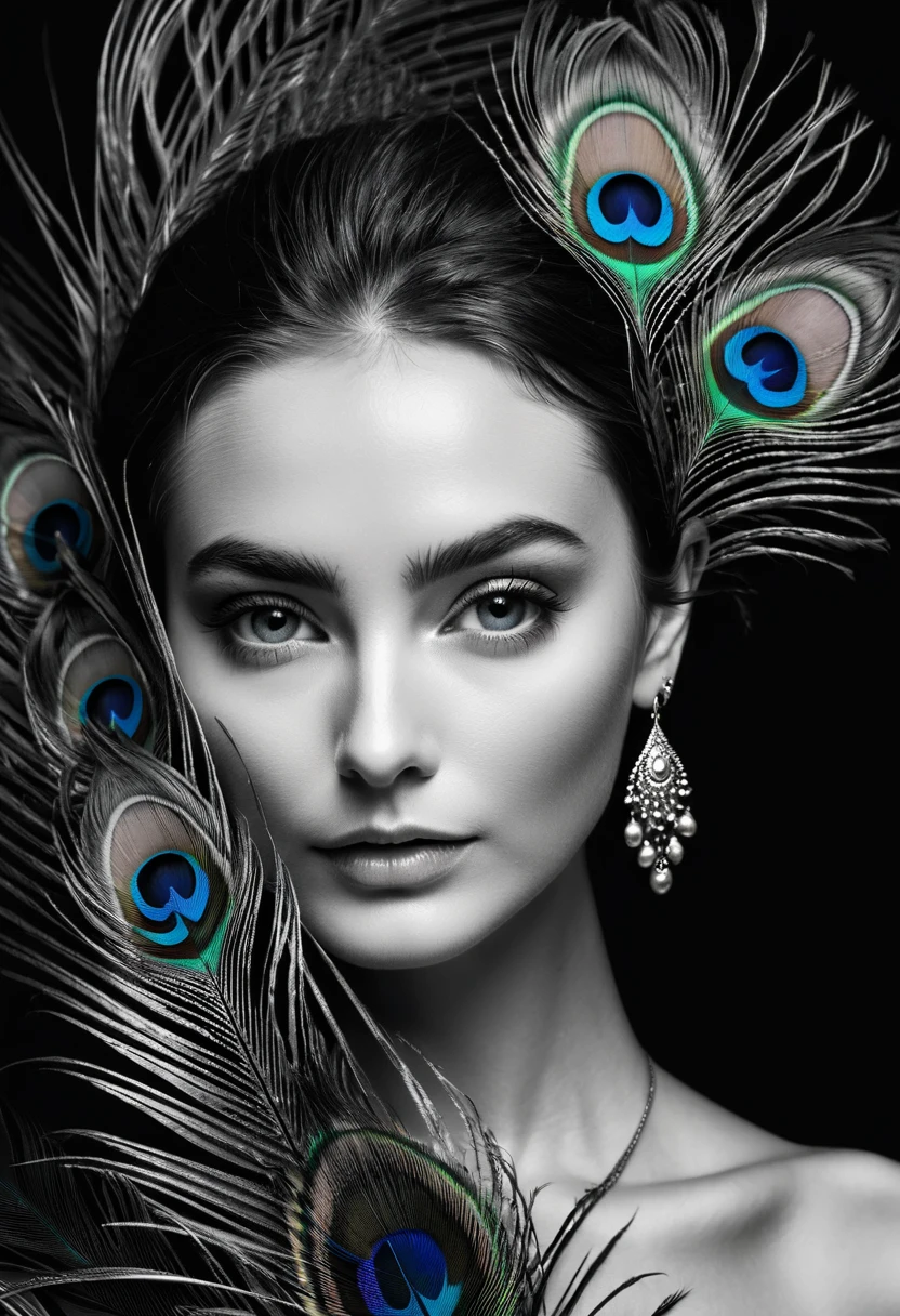 black and white, ultra clear raw photo of woman with a peacock feather, close up, dark background