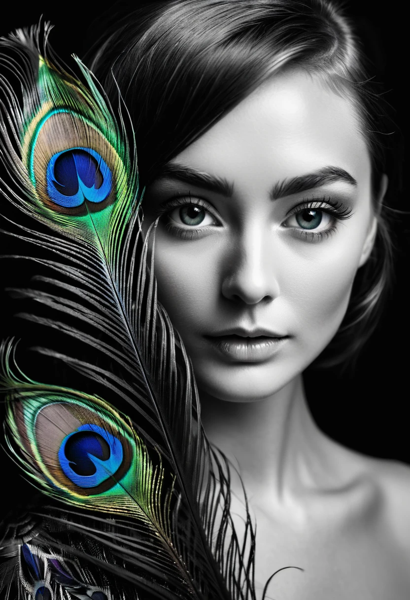 black and white, ultra clear raw photo of woman with a peacock feather, close up, dark background