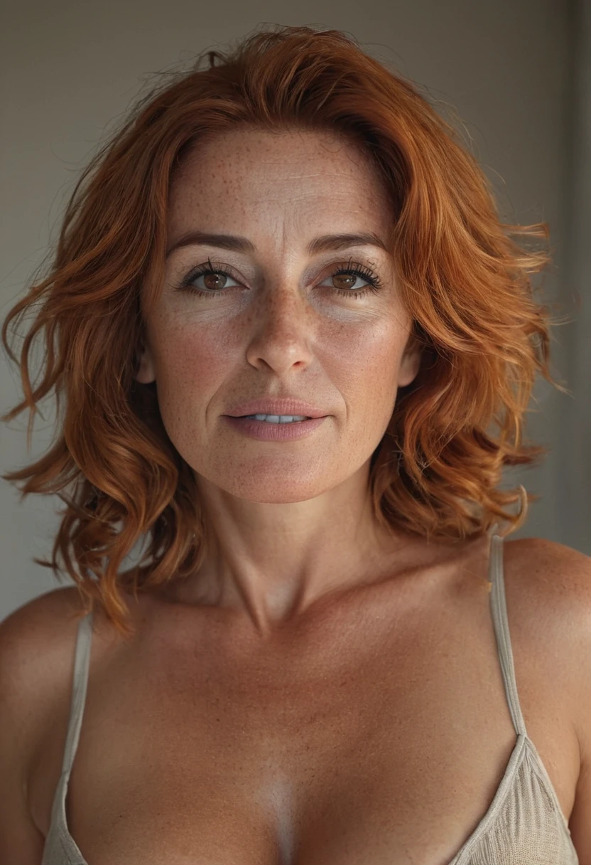 Full body, a mature portuguese woman with a large natural chest, short shaved red hair, brown eyes, naked, profissional porn actress, half light beam, ring light background, photorealistic, 8k, extremely detailed, high quality, ((full body)), cinematic lighting, dramatic colors, beautiful skin, detailed features ((consistent character)) ((seed 69)), ((consistent hair cut))