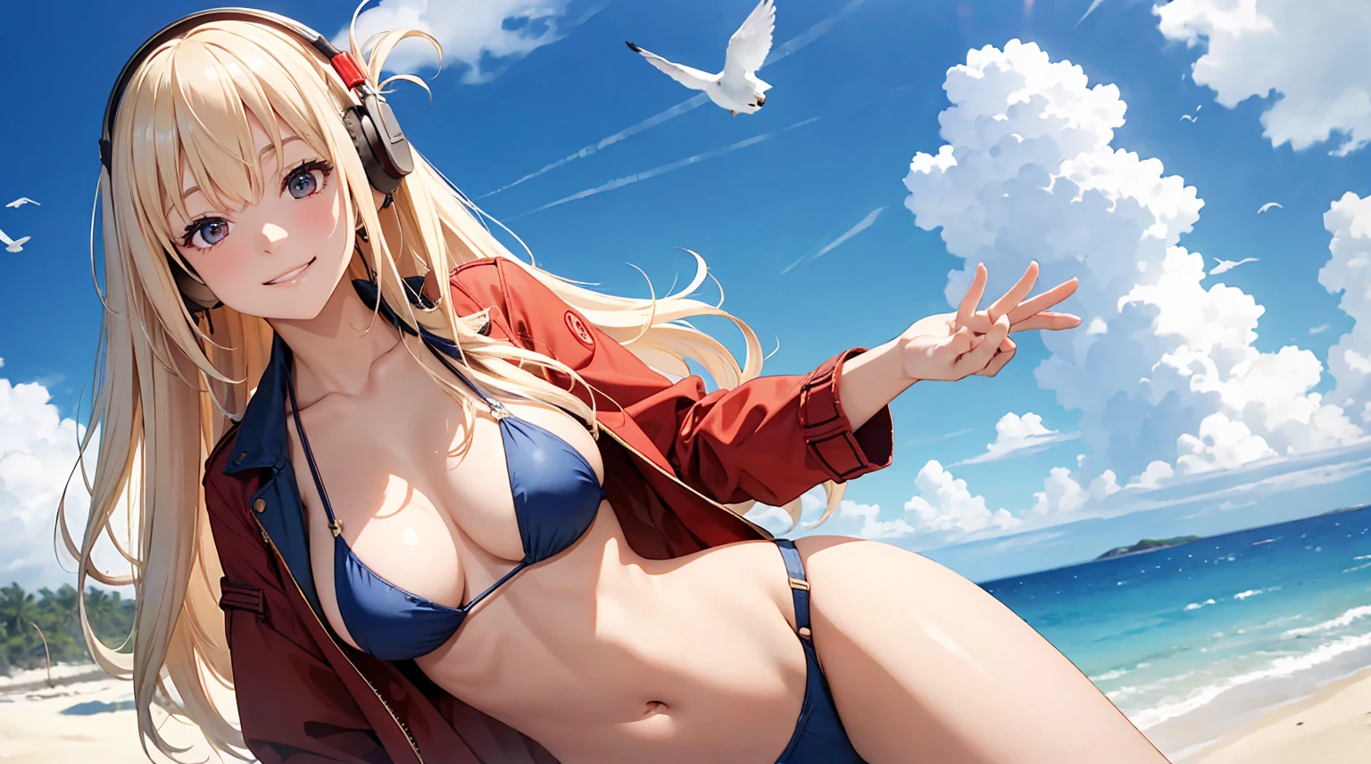 masterpiece、high resolution 8k、NSFW、sharp focus、contrast lighting、fine skin、muste piece、 highest quality、Ultra - High resolution、Super high resolution、Highly detailed CG、1girl,standing,a beach,sea,The sky is clear and blue,a few scattered clouds,sunny day,seagull, a red bikini top,blue denim jacket shorts,long blonde hair hair,smiling,headphone,