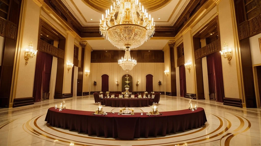 A very spacious and luxurious golden hall with a large chandelier and symmetrical