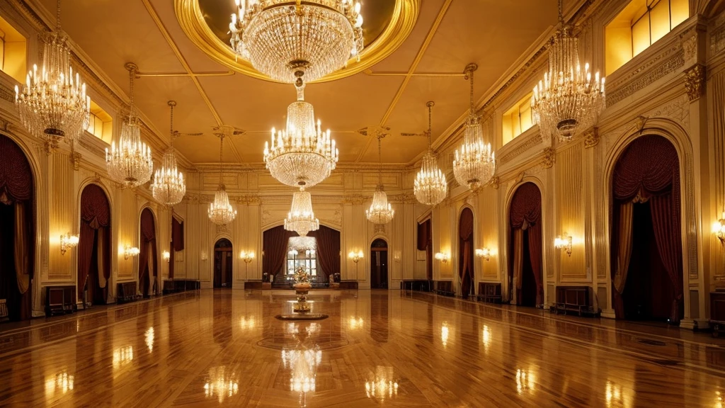A very spacious and luxurious golden hall with a large chandelier and symmetrical