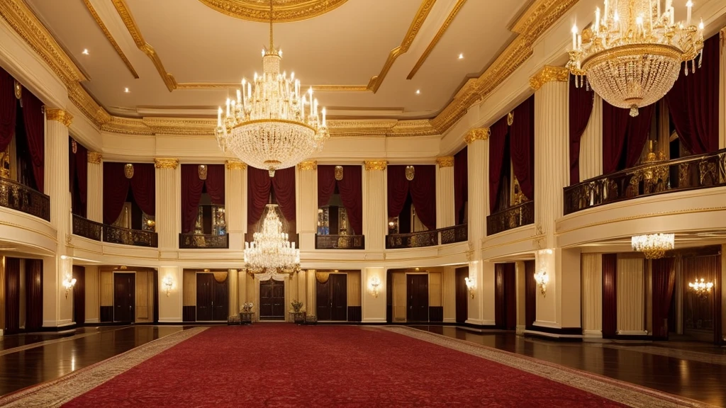 A very spacious and luxurious golden hall with a large chandelier and symmetrical