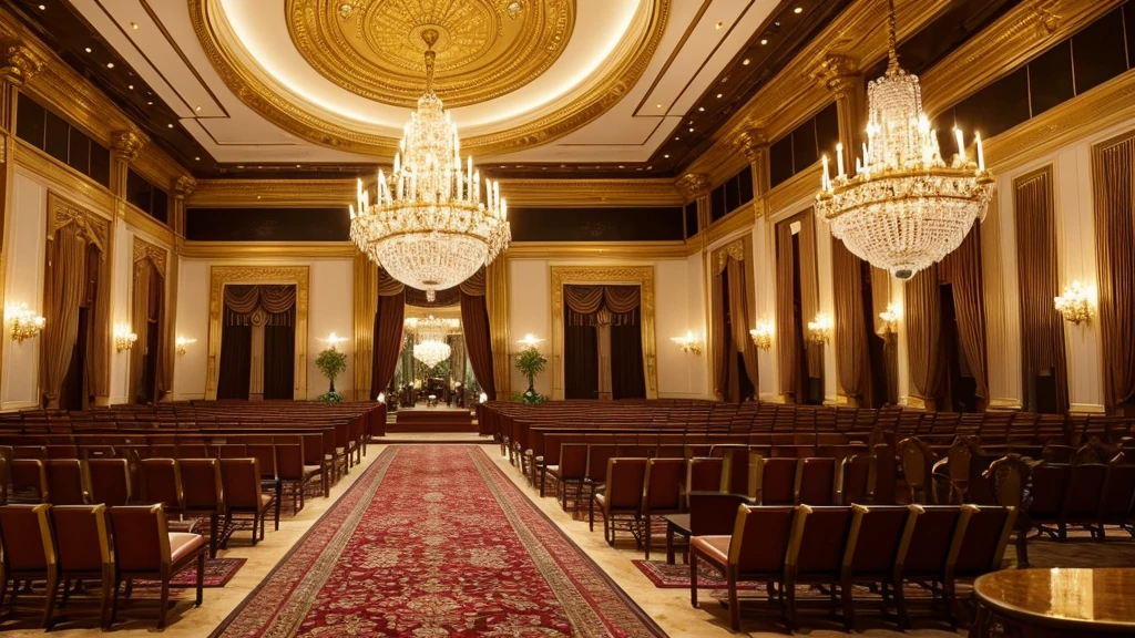 A very spacious and luxurious golden hall with a large chandelier and symmetrical