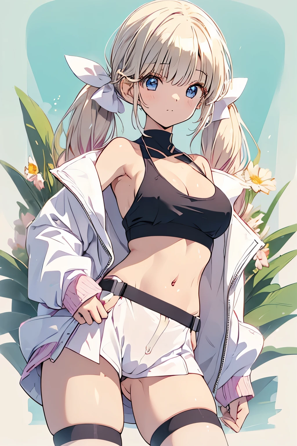 (busty girl), (white jacket), (light pink)tanktop, (pink thong)(high-leg)(high-cut), erect nipples, Narrow constricted waist, belly button, Small hips, bare hips, (partially exposed)vulva(labia), (blond hair)buns(twintails), White ribbon, Dark Eyes, blue eyes, sunny, clitoris(crotch wedge)cameltoe