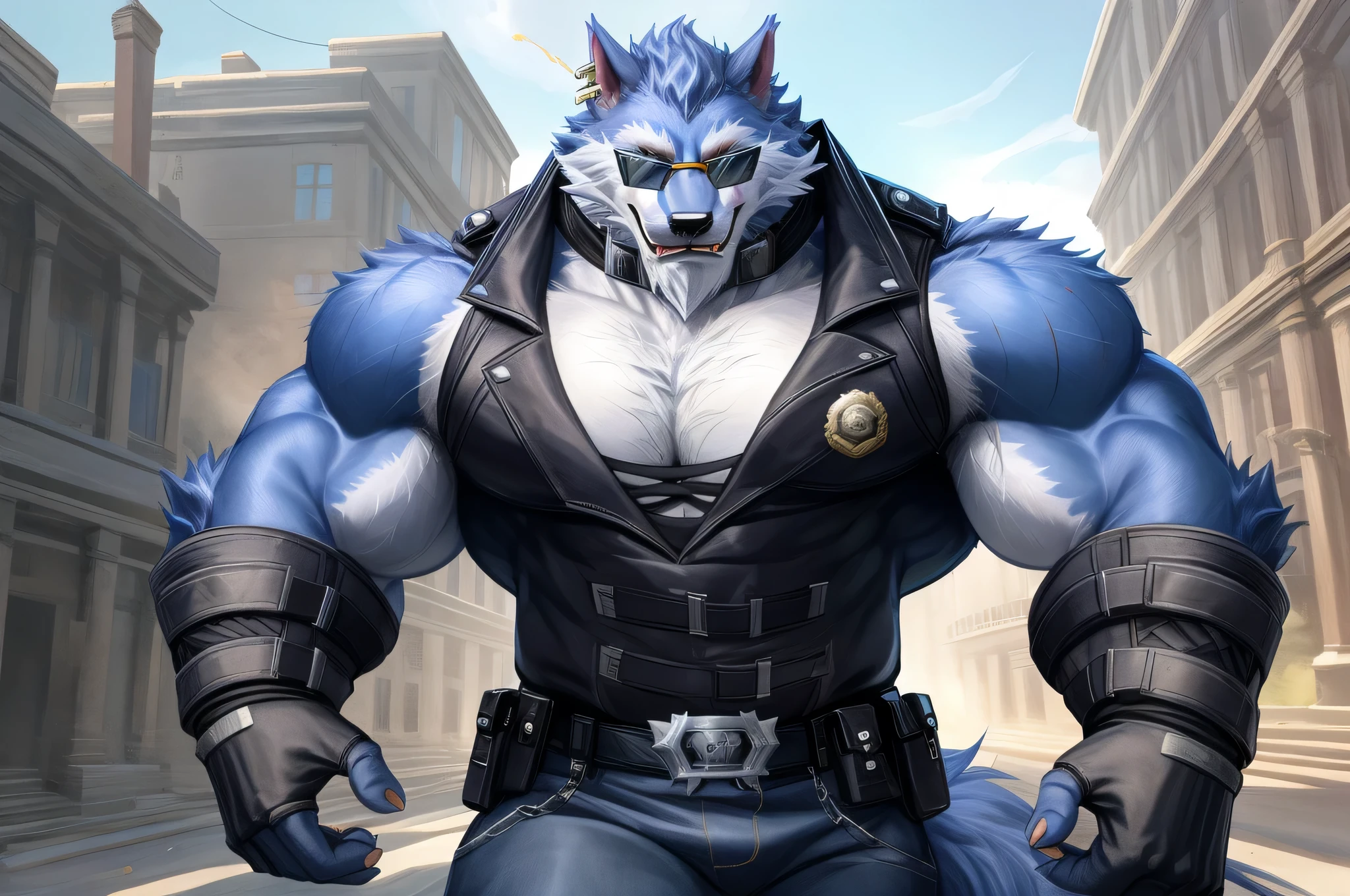 Freddy(Dislyte),werewolf,male,adult,alone,4K,best quality,looking at the audience,,walk,hairy body,furry tail,Busty upper body,chest muscles,Six-pack abs,biceps,anatomically correct,Delicate fur,pride,soft shadow,majestic, blue fur ,High quality eyes,Green eyes,black pupils,Sharp eyes,Grandiose,Valiantary,Black collar,Wearing sunglasses,Black leather vest,blue jeans,black belt,Black combat boots,Strong, school, study, books, biblioteca