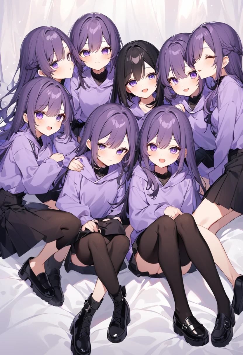 Keito。Purple hoodie。Black Skirt。Purple Eyes。Black Hair。Black shoes下。Black shoes。six sistery eldest daughter has lavender hair.。all female。Sextuplets。Purple bed