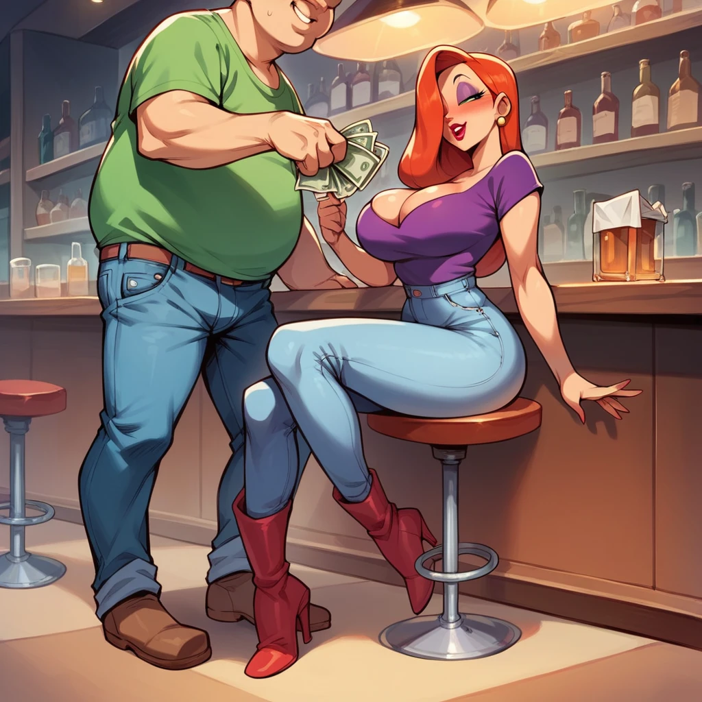 Jessica rabbit is talking to a fat young man in a bar, she is wearing a top and jeans and long boots, he is wearing a shirt and jeans, she is drunk, he shows her a bag with money