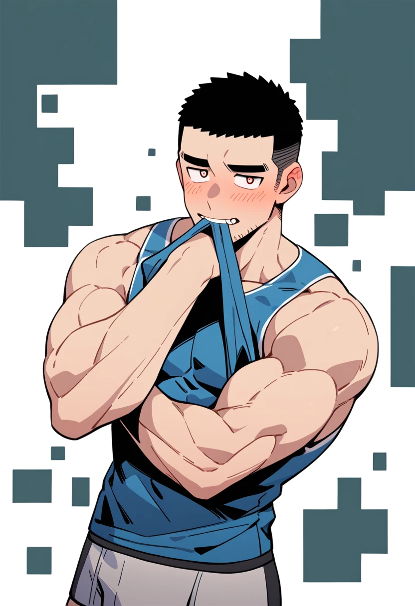 anime characters：Priapus, Muscle Sports Student, Buzz Cut, Manliness, male focus, Sports tight hooded sweatshirt, Very tight, full and perky chest muscles, muscular male, muscular, only, Upper body, alone, Black short hair, Thick eyebrows, stubble, Brown-red pupils, White background, simple background, amazing quality, best aesthetics, Ridiculous, crew cut, blush, mouth hold, Biting white boxer briefs, embarrassed, shy, endured face, negative space, best quality