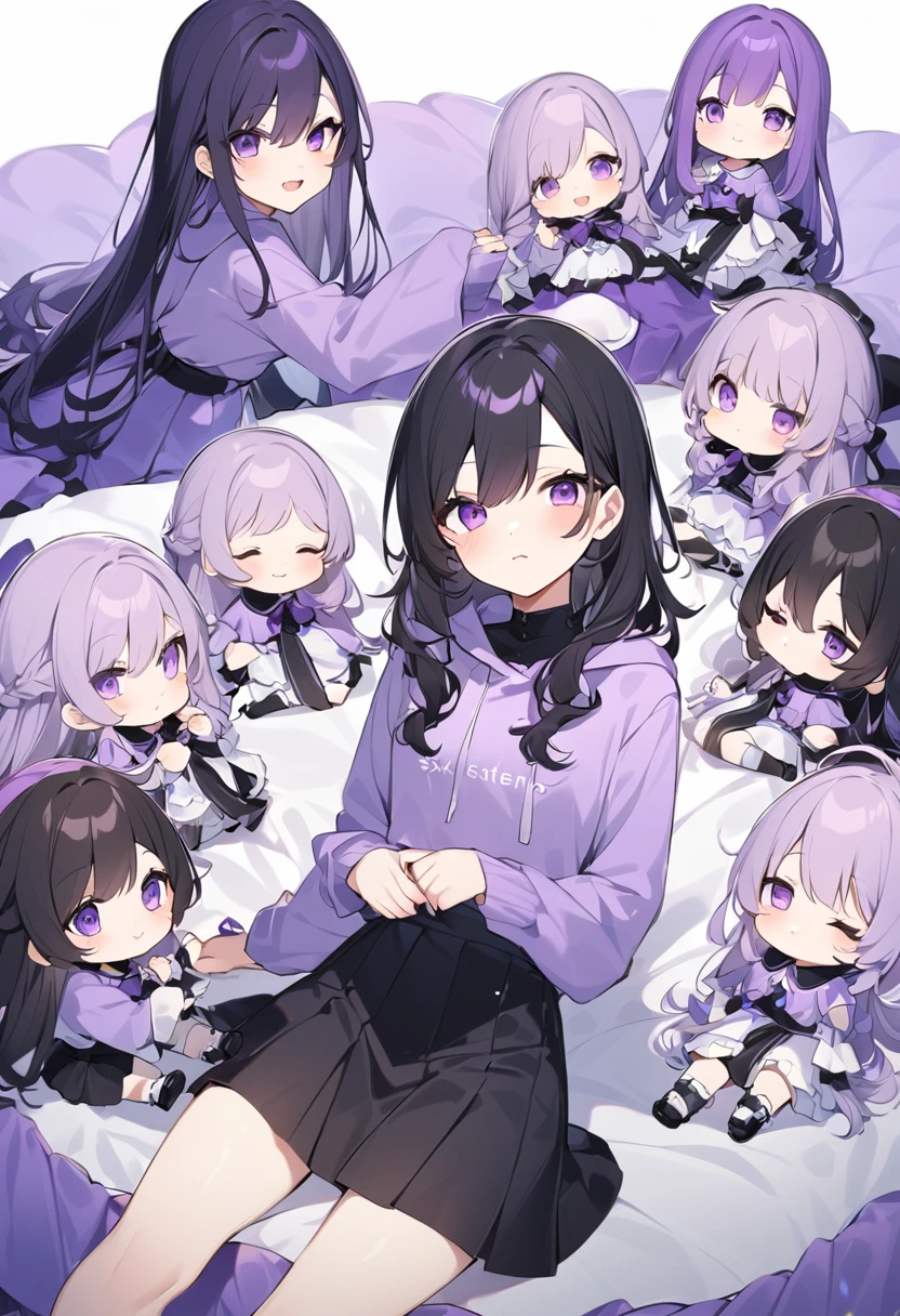 Keito。Purple hoodie。Black Skirt。Purple Eyes。Black Hair。Black shoes下。Black shoes。six sistery eldest daughter has lavender hair.。all female。Sextuplets。Purple bed