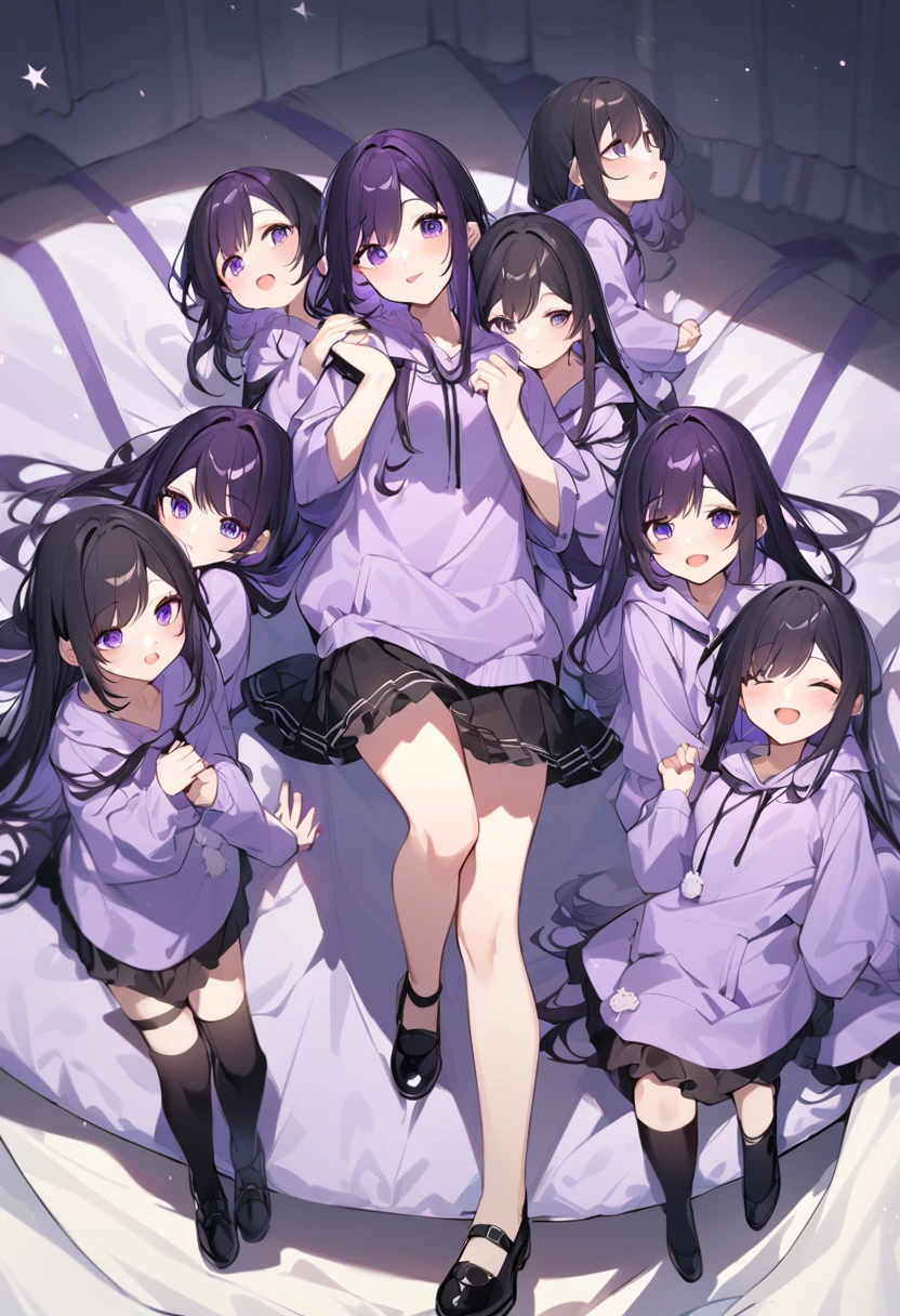 Keito。Purple hoodie。Black Skirt。Purple Eyes。Black Hair。Black shoes下。Black shoes。six sistery eldest daughter has lavender hair.。all female。Sextuplets。Purple bed