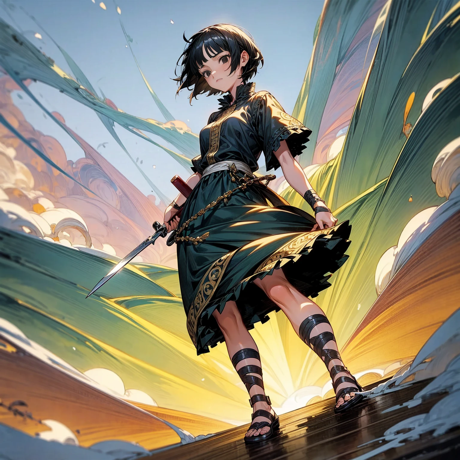 1girl, Full body version, 1character, girl version, black eyes color, short haircut, black colour hair, Ancient Roman style clothing, long skirt, Grassroots, background in snow town, motion blur, (one piece style art), snow, knife in hand, high angle view 