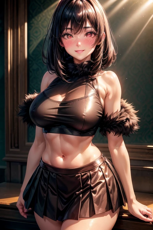 1 girl, Chapped lips, blush, make up, light smile, black fur, Red eyes, crop top, Skirt, Light rays, glow, Thighs, clavicle, narrow waist, (Masterpiece), wallpaper,