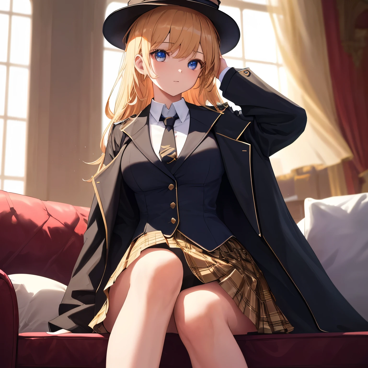 8k, highres, 1girl, 18 years old, beautiful skin texture, ultra detailed face, ultra detailed eyes,( immersive ambience, chiarosscuro, bright light, glowing), delicate facial features, black trench coat, white suit, checked skirt, necktie, brown deerstalker hat, sitting on sofa, crossedleg, indoors, High-quality animation style presentation, Beautiful and extremely fine texture, high contrast