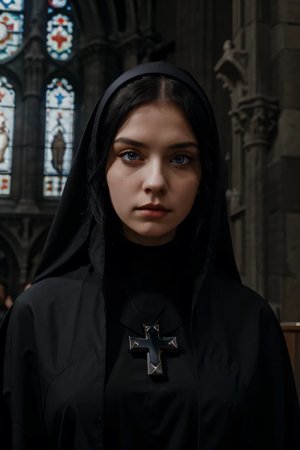 a young nun, black hair, blue eyes, gothic cathedral, she wears a st peter's cross, she cryes blood