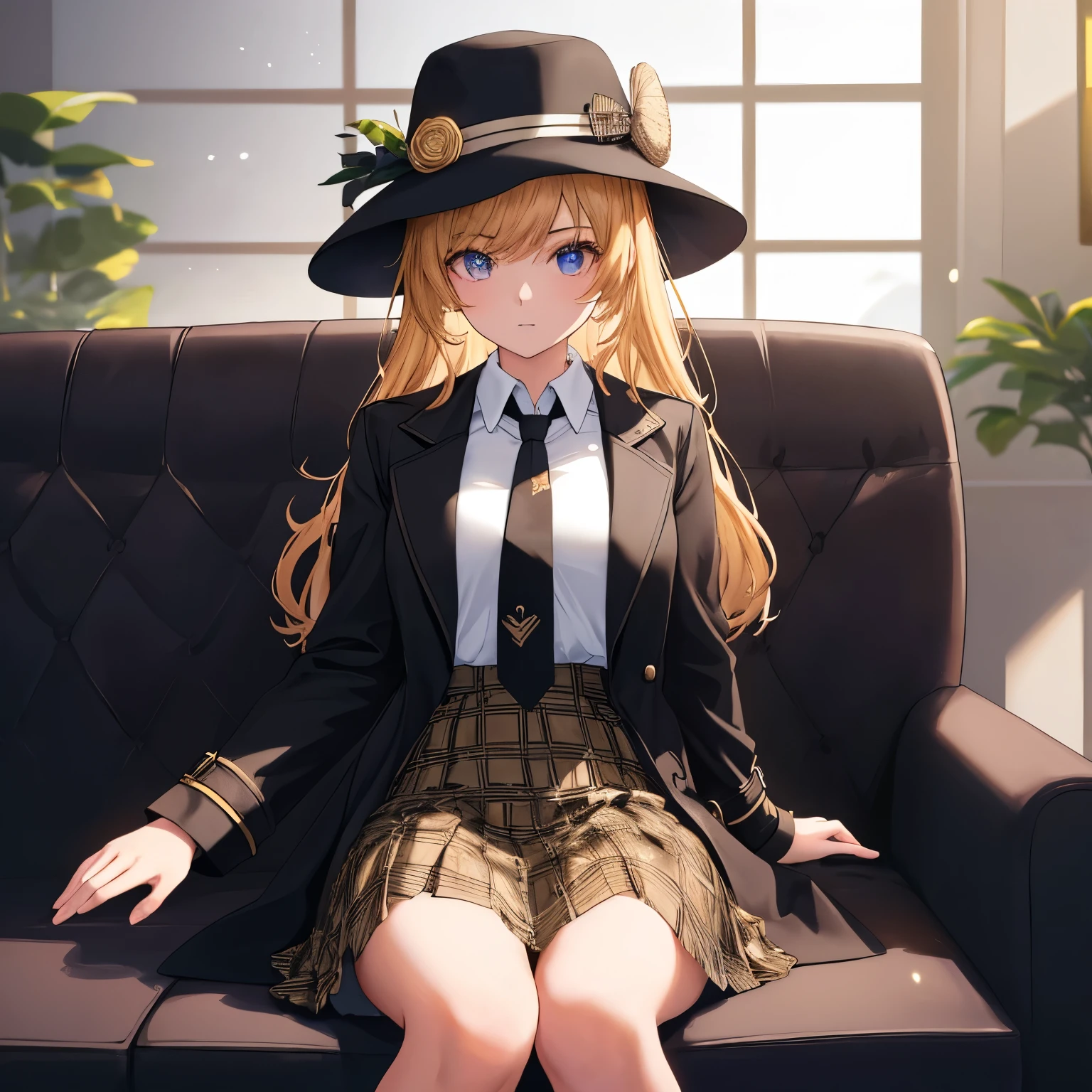 8k, highres, 1girl, 18 years old, beautiful skin texture, ultra detailed face, ultra detailed eyes,( immersive ambience, chiarosscuro, bright light, glowing), delicate facial features, black trench coat, white suit, checked skirt, necktie, brown deerstalker hat, sitting on sofa, crossedleg, indoors, High-quality animation style presentation, Beautiful and extremely fine texture, high contrast