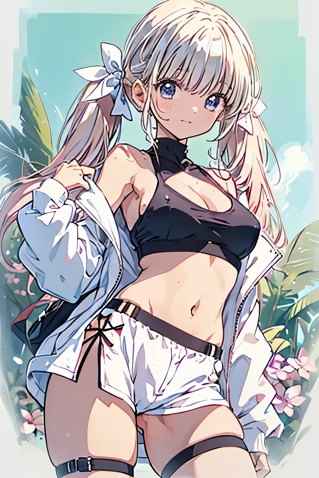 (busty girl), (white jacket), (light pink)tanktop, (pink thong)(high-leg)(high-cut), erect nipples, Narrow constricted waist, belly button, Small hips, bare hips, (partially exposed)vulva(labia), (blond hair)buns(twintails), White ribbon, Dark Eyes, blue eyes, sunny, clitoris(crotch wedge)cameltoe