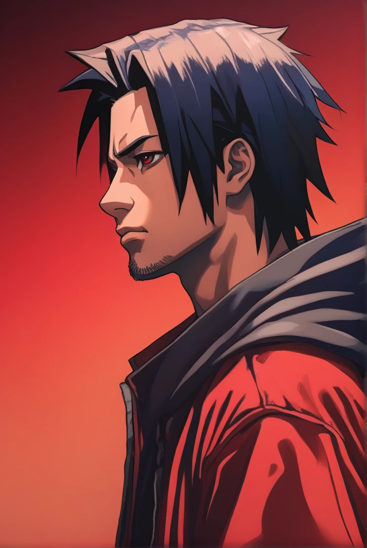 Anime-style 2.5D tom pasrel óleo portrait with a pastel oil painting effect Sasuke + Brad Pitt cinematic vibrant red Black lighting, close-up on a character with detailed shaven head backdrops, piercingly detailed mel  big eyes with bright pupils, portrayed in a dynamic pose, full-body with a sultry aesthetic, viewed from a dynamic profile angle gazing at the viewer, wearing detail Batam T-shirt with a rocker man personification, wearing