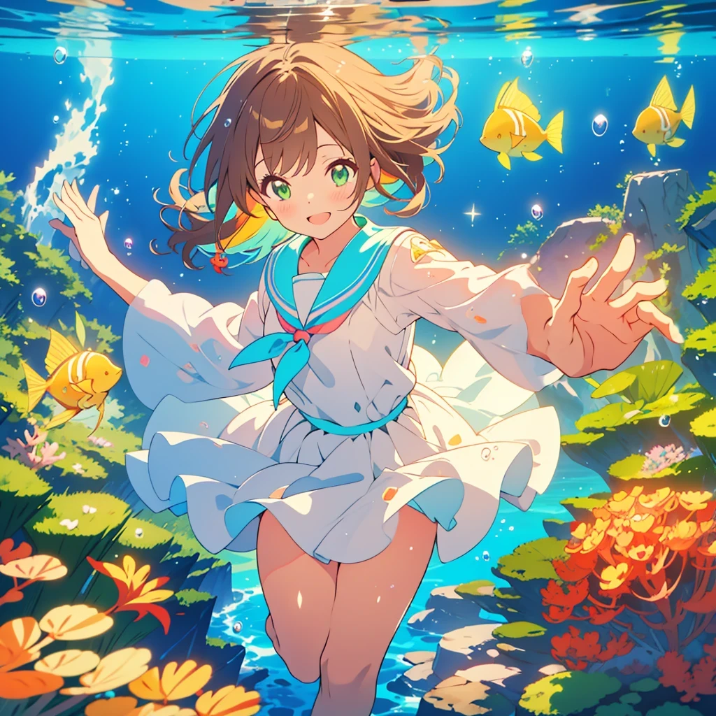 kawaii, anime, Cute, hyper quality, highly detailed, 8k, Front facing, Clarity, brown long hair, green eyes, smile, sailor suit, the skirt flaps, In the water, Pose with movement, countless bubbles, wrapped in bubbles, light shines in, underwater, rainbow light effect, Fantastic, particles of light, 10 colorful small tropical fish, twist your body, shining in rainbow colors, vivid sea, sea ​​swell, In the bright sea, Uplifting, school of small fish, Bubbles of various sizes, Colorful light, Clearly depict facial expressions, Draw 5 fingers, sink into the sea, The background is a view of the deep sea, no background, rainbow colored coral reef, richly colored light, barefoot, The bottom of the sea, 	