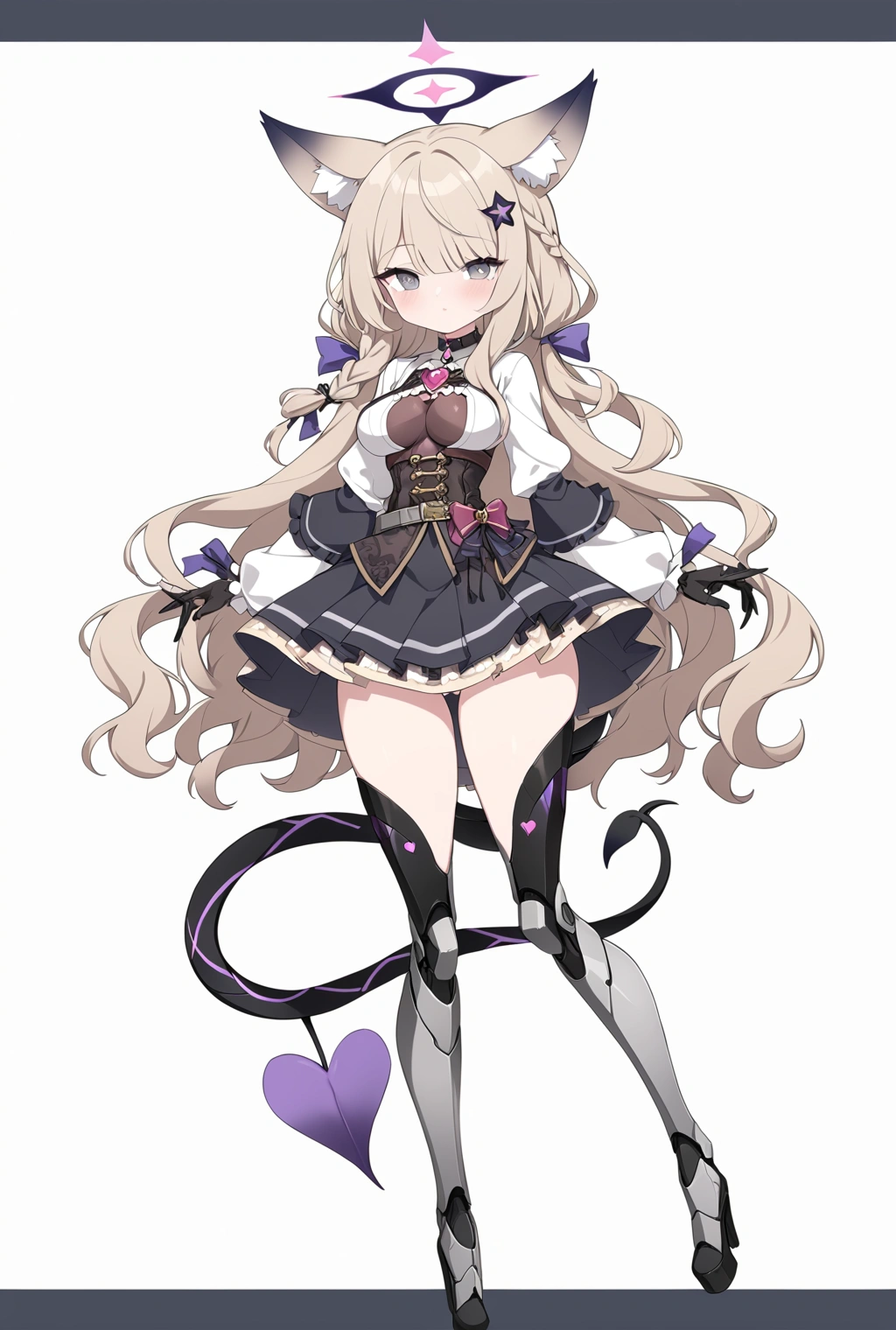 woman 170 cm tall. medium chest, wide hip, slim build, ((whole body)). (((character design sheet: front view))). (dark blonde hair, (hip-length wavy hair with asymmetrical bangs, star hairpin), (She has a short braid tied with an elegant purple ribbon on the left side of her hair above her chest). (She has a short braid tied with an elegant purple ribbon on the right side of her hair above her chest). She has small hair ties in the back of her hair..). ((Gray eyes with a pink 4-pointed star in the pupil)). (Two black and purple fox ears located on the top of the head). (Luminous black halo with purple star patterns above his head). He has a black collar with a heart emblem on his neck.. (Elegant long one piece dress, thigh-length lace and ruffle skirt, ribbon decorations and star patterns on the dress). black gloves, Black platform heels. gray belt at the waist with a large ribbon with a luminous pink heart in the middle. ((He has a succubus tail that ends in the shape of a purple heart.)). (((It has complex mechanical legs that reach up to the thighs and are black with small purple details..))). beautiful detailed hair, beautiful detailed dress. extremely detailed arms. extremely detailed face, small face, Beautiful detailed eyes, beautiful detailed lips. adorable. extremely detailed legs. (Best Quality, 4k, high resolution), ultra detailed, Exquisite and epic character art, ((White background)). (Focus on symmetry).