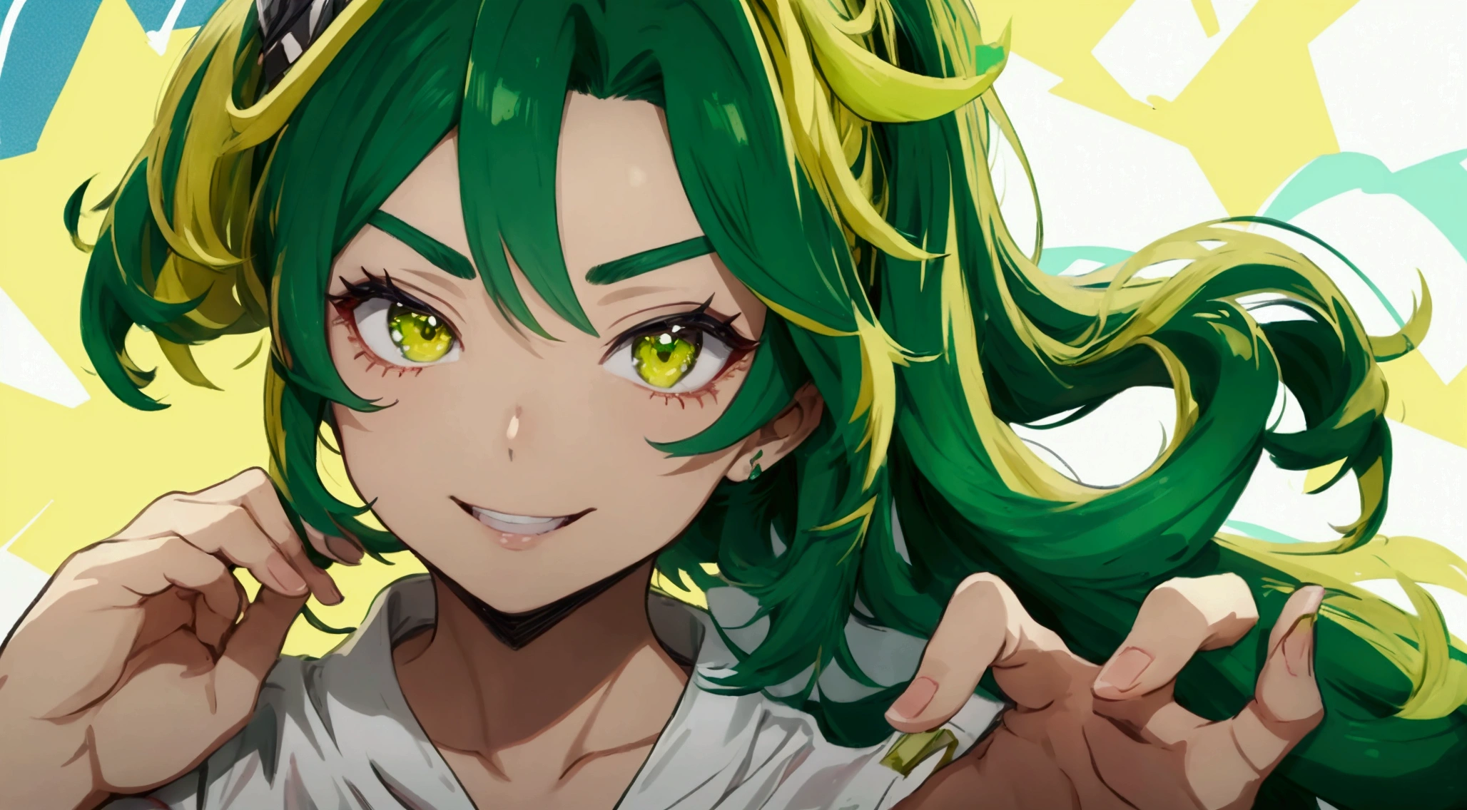 MHA&#39;s Lady Nagant is a strong woman with an anime style characteristic of the series. She has vivid green hair, with lime green parts, and a messy, unusual hairstyle. Your eyebrows are short, and her cute look is accentuated by lemon-colored eyes. Her hair is a mix of dark and light strands., creating a unique and attractive visual effect. Lady Nagant wears a neon green heroic costume, and her appearance is complemented by a charming smile and soft lips. The lighting around you highlights the beauty of your voluminous hair and the sophistication of your black outfit., creating a stunning and memorable image.