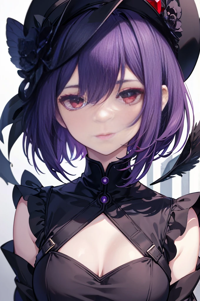 a beautiful girl with violet hair wearing a black dress, extremely detailed facial features, bob haircut, woman wearing a long black and red coat, solo character, white background, anime style, very detailed, photorealistic, 8k, best quality, masterpiece, red eyes, short hair