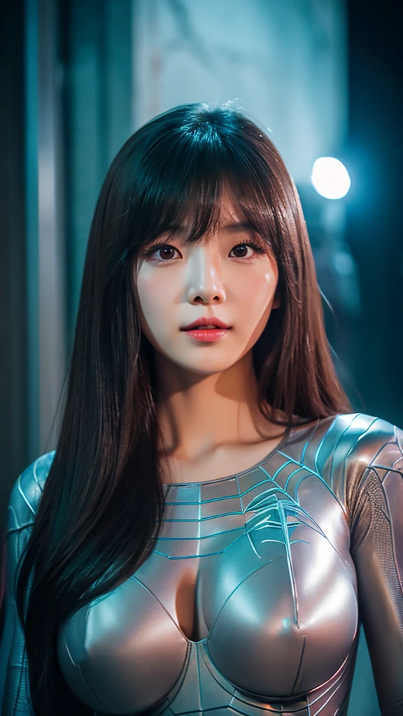 close-up of beautiful korean female, 34 inch breasts size, swept bangs, wearing as gray Spiderman costume, night, cinematic lighting, retina