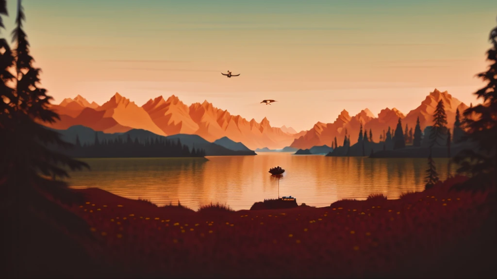 first person view, a lake, a house near the lake, the night, fire flies, flowers, moonligh, clouds, high qualiy, minimalistic