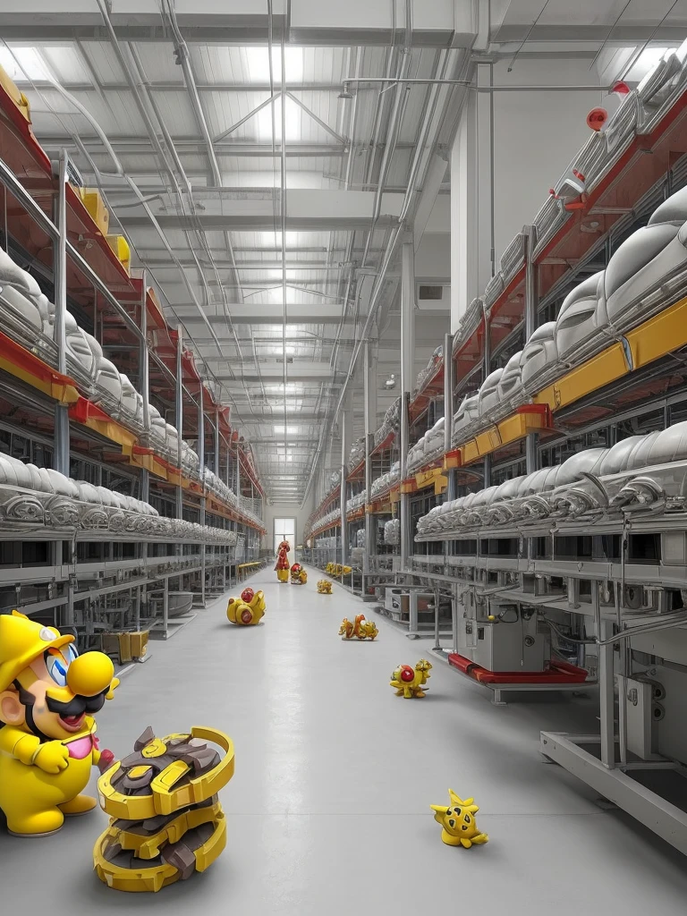 Create a Super Mario design in a sandal factory, with a production environment with machines and various types of sandals being
