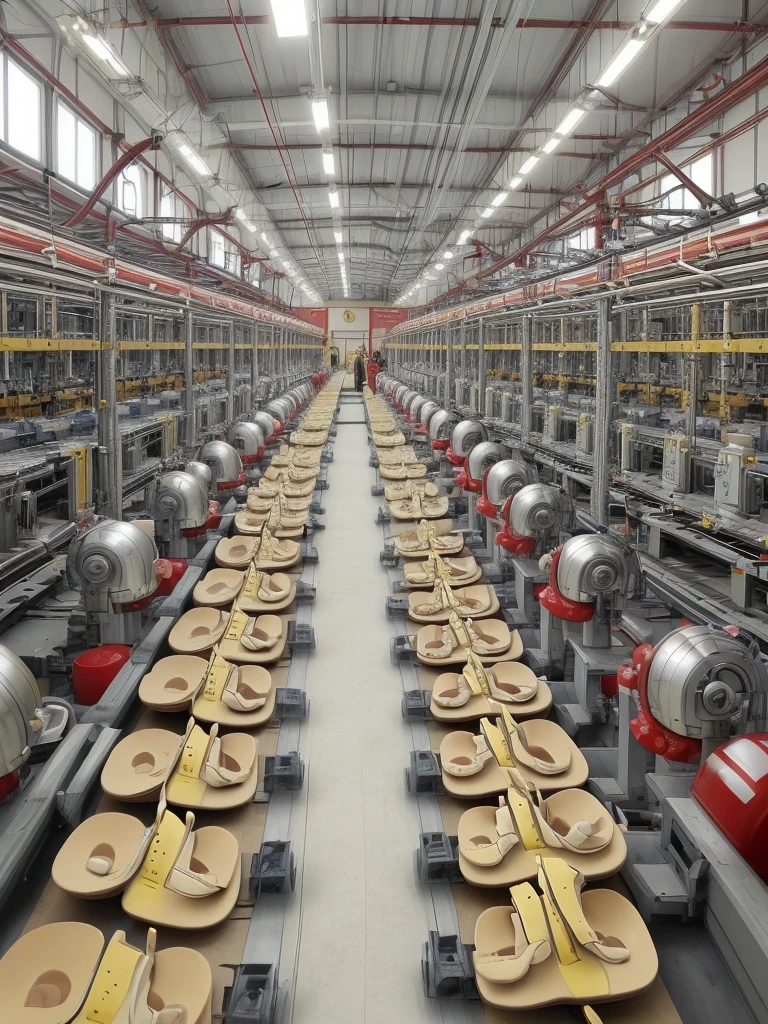Create a Super Mario design in a sandal factory, with a production environment with machines and various types of sandals being