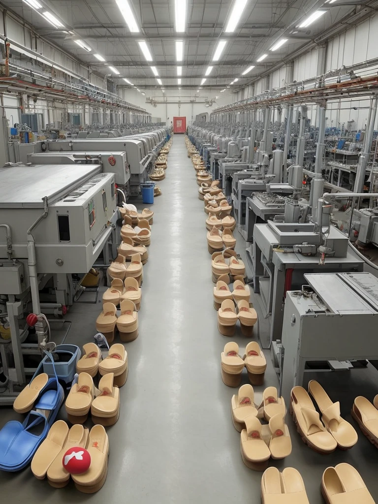 Create a Super Mario design in a sandal factory, with a production environment with machines and various types of sandals being