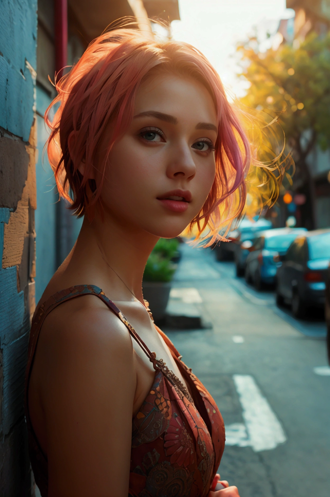8k, raw picture, photograph, beautiful short hair female ,dress , street