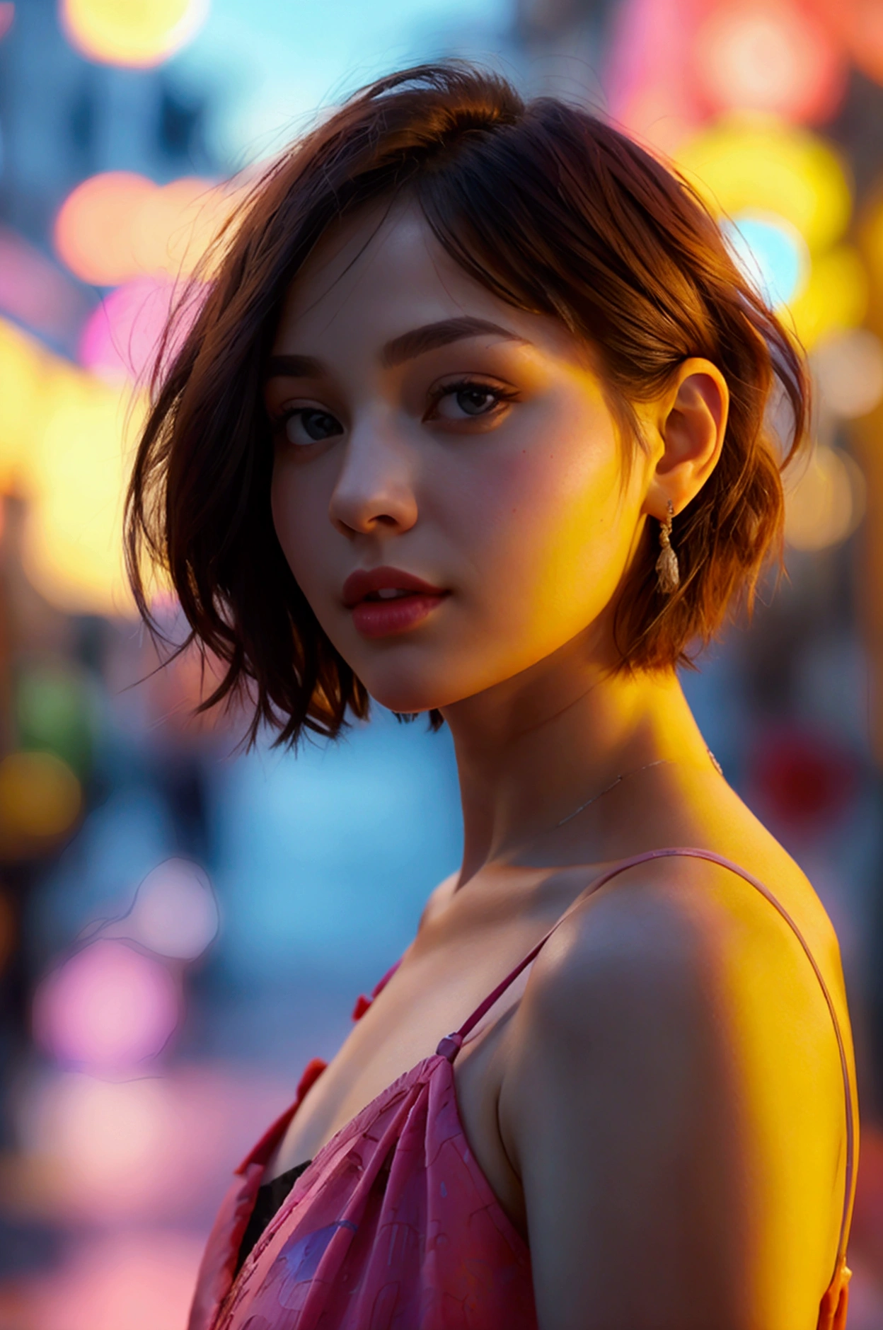 8k, raw picture, photograph, beautiful short hair female ,dress , street 