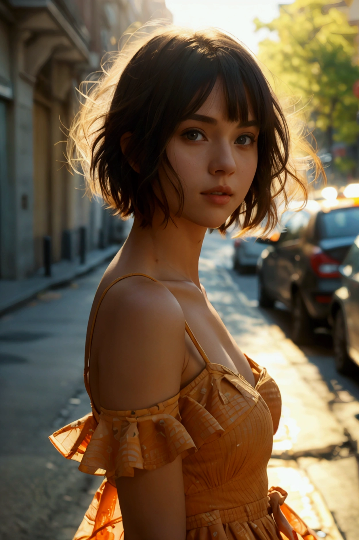 8k, raw picture, photograph, beautiful short hair female ,dress , street 