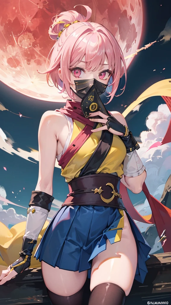 Best quality, Ultra detailed, best quality, insanely detailed, beautiful, masterpiece, 8k, 
break  
(full moon:1.2),  red moon, eye on moon, 
break 
1lady, solo, pink hair, (short hair:1.2), (topknot:1.0), yellow ribon ,ultra deltailed iris, red eyes, ultra detailed eyes, eyes in tripple pattern, kunoichi wear, (pink wear:1.2),  (no pattered wear:1.2) ,(yellow skirf covering mouth:1.2),
Break
Upper body, from front,  nsfw,