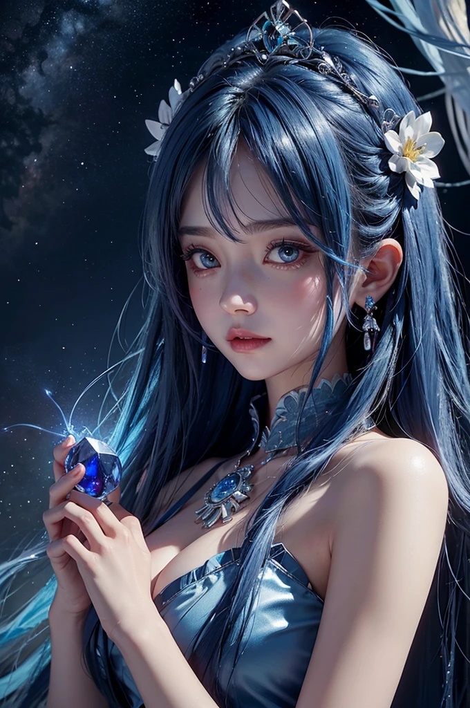 Ultra HD、A beautiful blue-haired character、Holding a blue crystal in both hands、Cute big eyes、close、Red burning cheeks、Night scene with starry sky background、fortune teller、Wearing a gorgeous dress、Subtle details、A fantastic atmosphere、Anime style