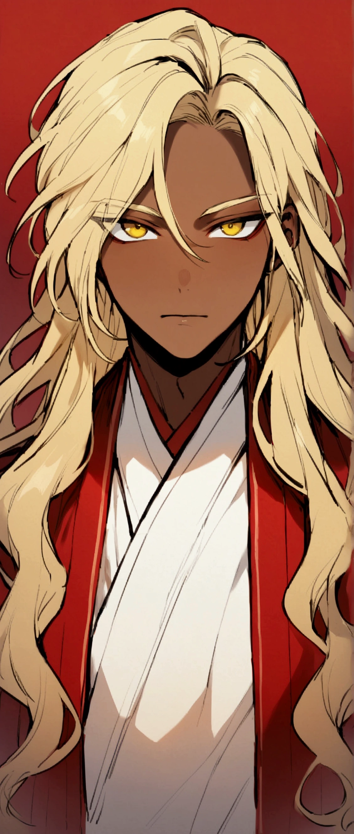 One Man,Beautiful young man with blond hair and dark skin,boy, 20-year-old, Yellow Eyes, length, Silky Hair,Red Corner,Wearing traditional Korean clothing,She has her bangs down,View your audience,masculine body
