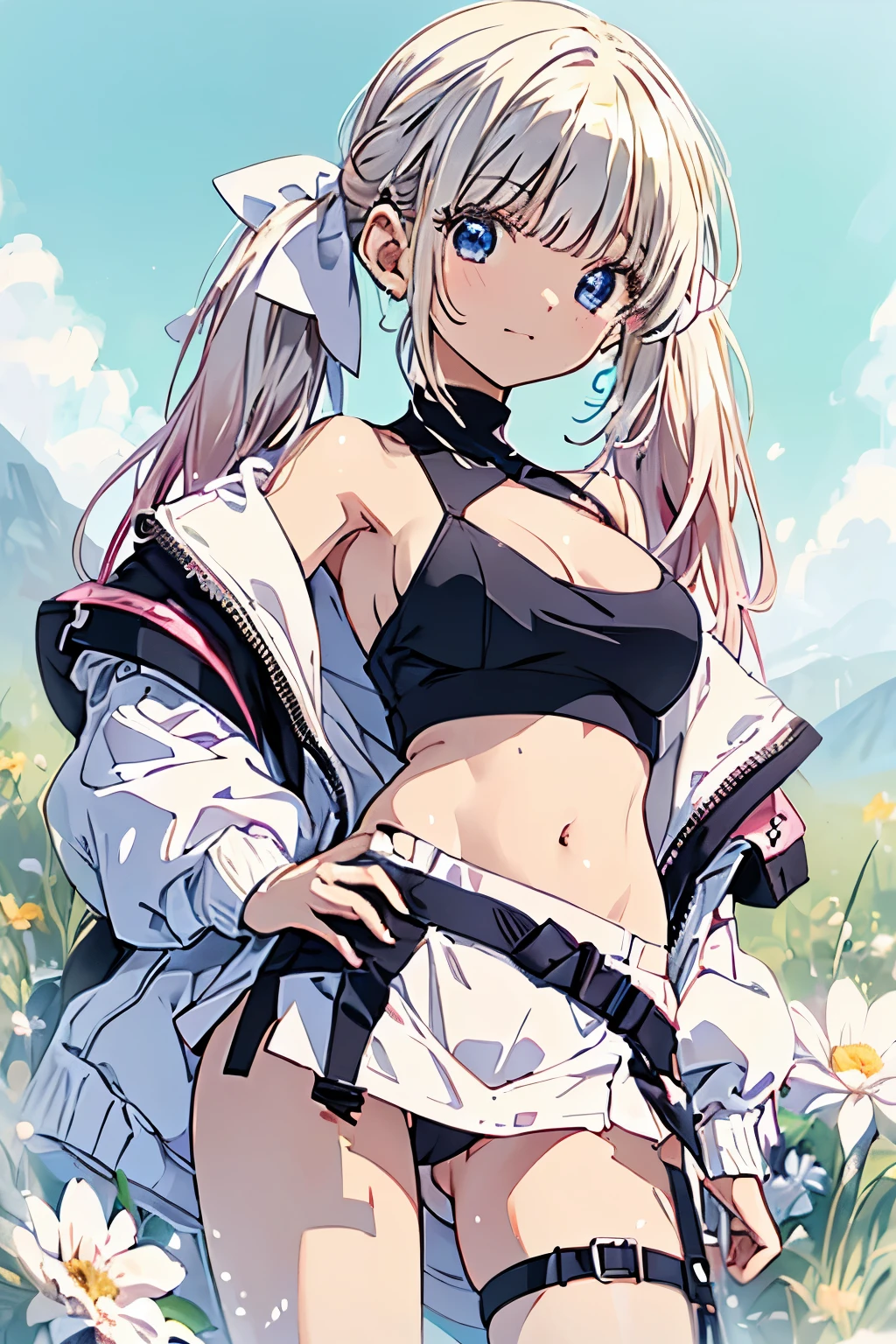 (busty girl), (white jacket), (light pink)tanktop, (pink thong)(high-leg)(high-cut), erect nipples, Narrow constricted waist, belly button, Small hips, bare hips, (partially exposed)vulva(labia), (blond hair)buns(twintails), White ribbon, Dark Eyes, blue eyes, sunny, clitoris(crotch wedge)cameltoe