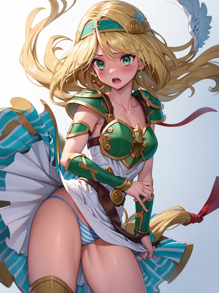 (White background:1.2),1girl,BREAK,Blonde, Three-stranded, Green Eyes, cute, Narrow waist, small, Toned Up, Large Breasts, Bare shoulders, Red neckerchief, Blue elbow gloves, Blue fingerless gloves, Pauldrons, belt, breastplate, White headband, Short dress, Dress slit, Blue tight boots, Blue long boots, Pegasus Knight Uniform (Fire emblem), low length,blush,Scared,distress,Open your mouth,(Her skirt is lifted up and her panties are visible,Blue and white striped panties:1.3)