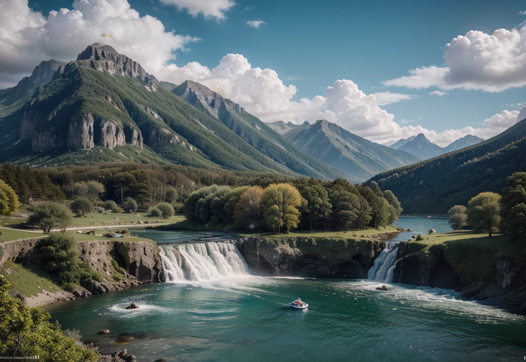 masterpiece, best quality, high quality, Extremely detailed CG unified 8k wallpaper, landscape, outdoor, Sky, cloud, Sky, no humans, Mountain, landscape, water, tree, blue Sky, waterfall, cliff, nature, lake, river , cloudy skies, Award-winning photography, Bokeh, Depth of Field, high dynamic range, Bloom, Chromatic Aberration, Photo realism, Very detailed, Popular topics on ArtStation, cgsocial trends, Wheels within wheels, high detail, Dramatic, midway art