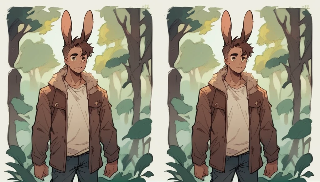 Rabbit in human form with brown hair standing in the middle of the forest Character reference