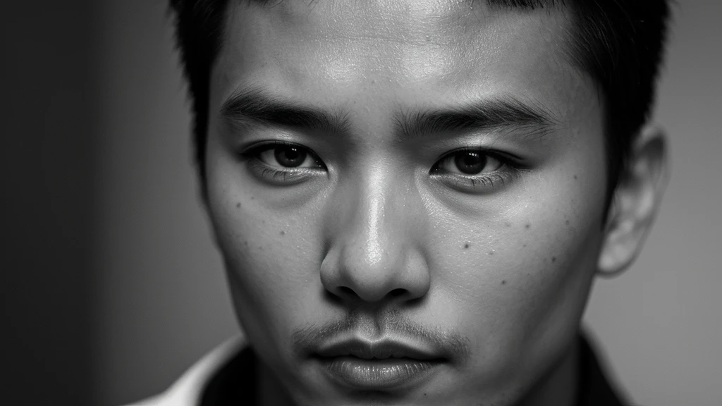 1 man, Asian face closeup, focus camera eyes,elegant men,dark theme, detailed skin, dark background, black and white 