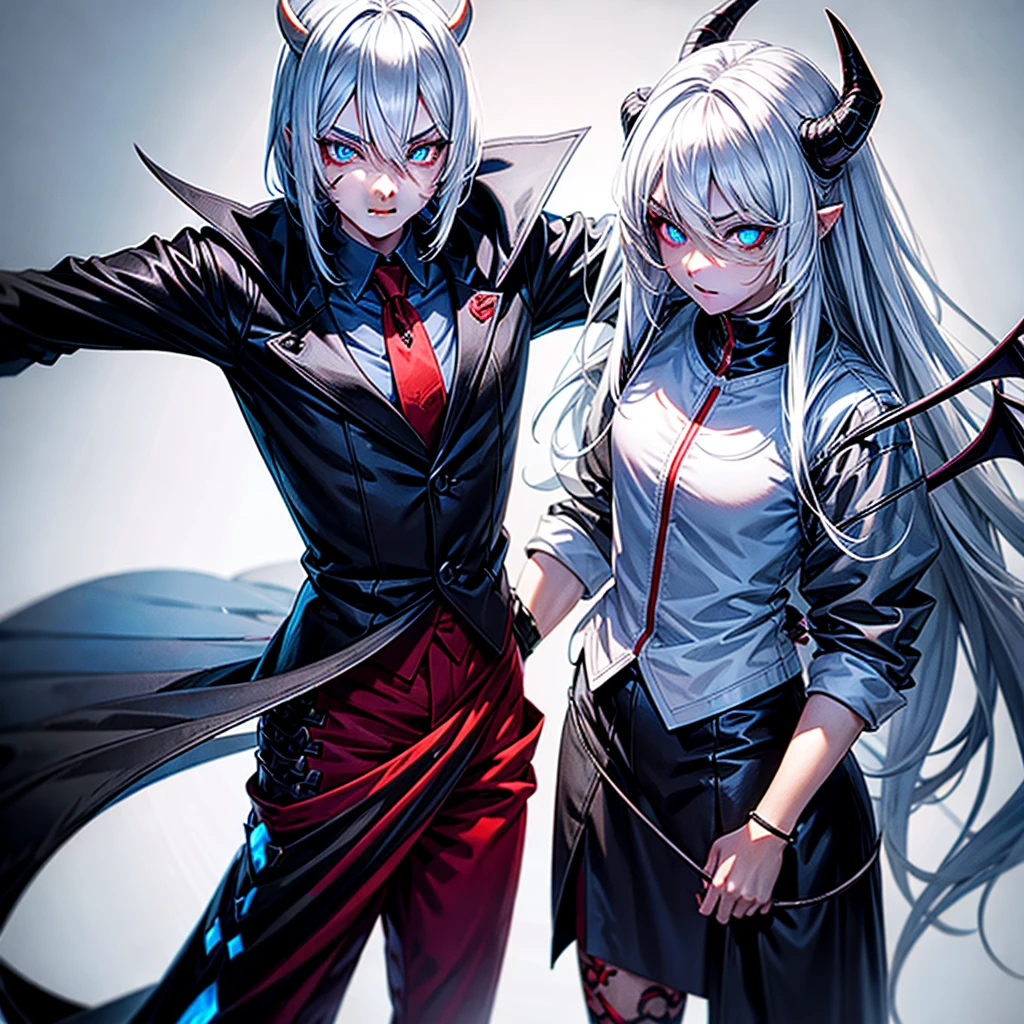 white hair mixed with black, long but somewhat short hair, demon slayer oni hunter outfit mixed with a suit, blue eyes with a dull look, combining female and male gender, blood wings