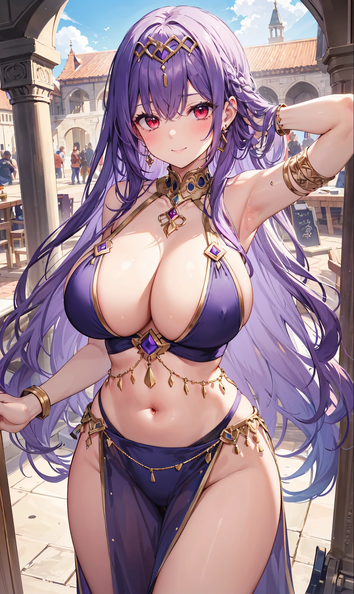 high quality, ultra detailed, best quality, insanely detailed, beautiful, masterpiece, 1girl, medieval plaza, cowboy shot, red eyes, long hair, purple hair, belly dancer, circlet, earrings, armlets, bracelets, bashful smile, large breasts, cleavage, soft stomach