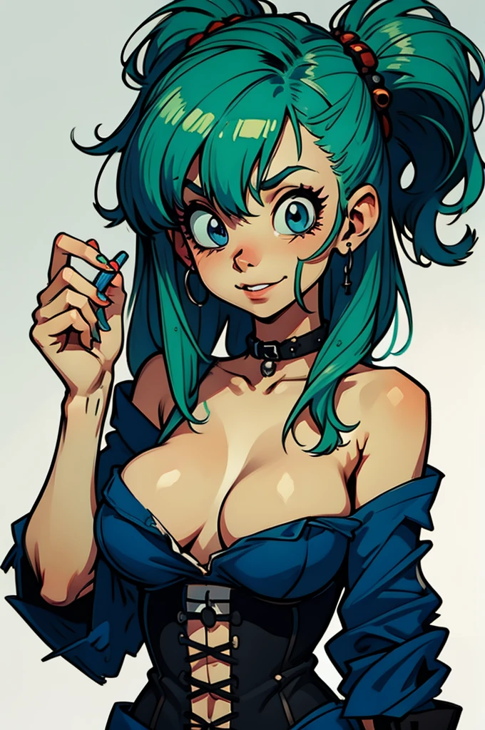  anime , masterpiece  ,c0rs3t, cleavage, bare shoulders, overbust corset, spikes, ((Bulma, aqua hair, blue eyes, white background)), c0rs3t, cleavage, bare shoulders, overbust corset, holding breast, nipple, orgasm face, sexy smile, sexy eyes, sensual