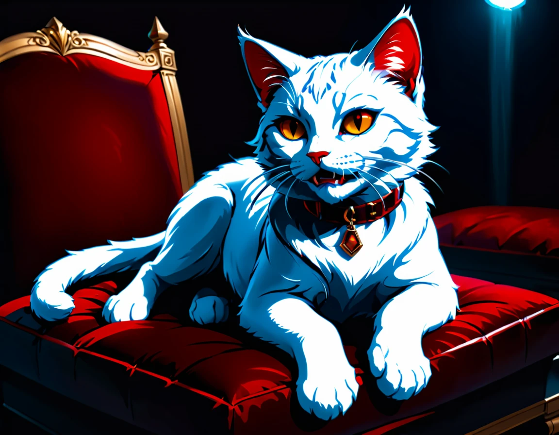 a portrait of vampiric cat, close up portrait of white cat with white fur, shiny fur, red glowing eyes, vampiric feline fangs, he has a red diamond collar, he sits on  a black velvet pillow, intricate detailed pillow, (full body shot: 1.3), dark fantasy library in the background, Ultra-high resolution, High Contrast, (masterpiece:1.5), (anatomically correct: 1.4), highest quality, Best aesthetics), best details, best quality, highres, ultra wide angle, 16k, [ultra detailed], masterpiece, best quality, (extremely detailed), Amber cat eyes, vampire teeth, 